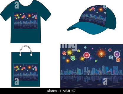 Night City with Fireworks, Seamless Stock Vector
