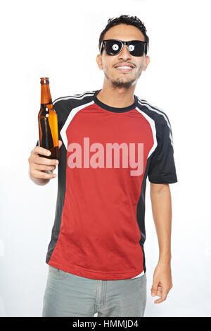 smiling arab man in sunglasses with beer isolated on white Stock Photo