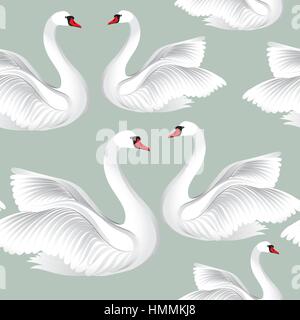 White birds in love seamless pattern. Wildlife background. Swimming swans couples Stock Vector