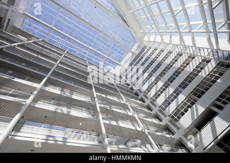 THE HAGUE - JULY 18: Interior of The Hague City Hall. Designed by R. Meier and build in 1995. 4,500 sq. meter atrium flanked by two 10- and 12-storey  Stock Photo