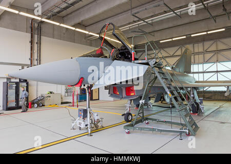 LAAGE, GERMANY – AUG 23, 2014: A German Air Force Eurofighter Typhoon parked in a shelter during the Laage airbase open house. The aircraft is part of Stock Photo