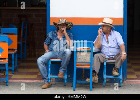 Colombian men in traditional wear of the coffee groawing region of El Jardin Colombia Stock Photo