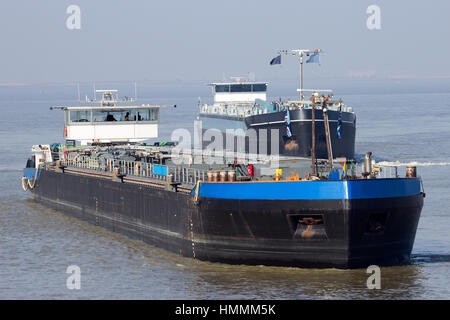 Tanker barges on the Scheldt river near Antwerp. Stock Photo