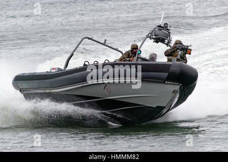 DEN HELDER, THE NETHERLANDS - JUNE 23: Dutch Marines in a speedboat during an assault demo at the Dutch Navy Days on June 23, 2013 in Den Helder, The  Stock Photo