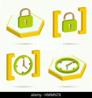 Isometric icons. Collection of four icons. Lock. Unlock. Alarm clock. Vector illustration Stock Vector