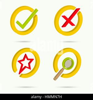 Isometric icons. Collection of four icons. Confirmation. Cancellation. Star. Search. Vector illustration Stock Vector