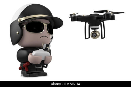 Policeman operating a drone with remote control. Isolated on white background with clipping path. Stock Photo