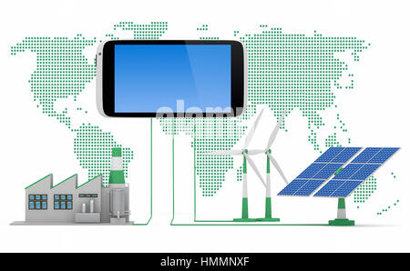 Ecofriendly concept.  Green factory, wind turbine and solar panel connected to smartphone in front of world map background. Stock Photo