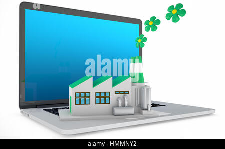 Environmentally friendly factory concept. Green factory on the laptop. Concept: the importance of digitalizing in the infrastructures, considering als Stock Photo