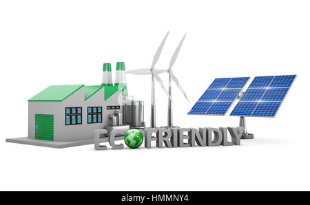 Ecofriendly concept.  Green factory, wind turbines and solar panel isolated on white background. Stock Photo