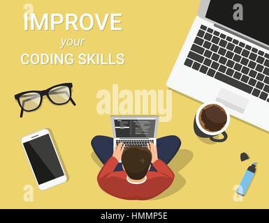 Man is sitting on the table and working with laptop. Flat modern concept illustration of young programmer coding a new project using computer sitting  Stock Vector