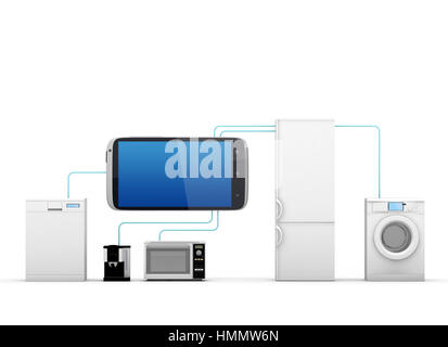 Internet of Things Concept - Home Appliances Connected To Smartphone Stock Photo