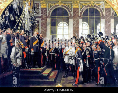 OTTO von BISMARCK (1815-1898) Prussian statesman in white uniform at the proclamation of Wilhelm I as German Emperor in the Versailles Hall of Mirrors  18 January 1871. Painting by Anton von Werner Stock Photo