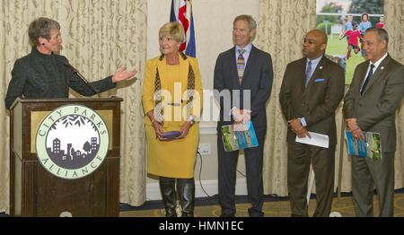 January 21, 2015 - Washington, District of Columbia, United States of America - United States Secretary of the Interior Sally Jewell urges the U.S. Congress to renew the Land and Water Conservation Fund before it expires in September. For the past 50 years, the LWCF has used offshore oil and gas royalties to help fund the creation of more than 42,000 state and local parks, playgrounds, urban wildlife refuges, greenways, trails and open spaces.  From left to right: Secretary Jewell, Fort Worth Mayor Betsy Price, Salt Lake City Mayor Ralph Becker, Denver Mayor Michael B. Hancock and Hartford May Stock Photo