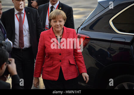 Valletta, Malta. 3rd February, 2017. German Chancellor Angela Merkel arrives at a summit of the European Council in Valletta, Malta, Friday, Feb. 3, 2017. A continued flow of migrants from the Middle East and Africa is pressuring the European Council to act with some calling for cooperation with the Libyan government to stem the flow of migrants along the central Mediterranean route. Credit: Kendall Gilbert/Alamy Live News Stock Photo