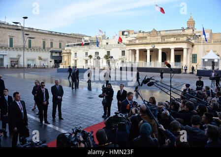 Valletta, Malta. 3rd February, 2017. Summit of the European Council in Valletta, Malta, Friday, Feb. 3, 2017. A continued flow of migrants from the Middle East and Africa is pressuring the European Council to act with some calling for cooperation with the Libyan government to stem the flow of migrants along the central Mediterranean route. Credit: Kendall Gilbert/Alamy Live News Stock Photo