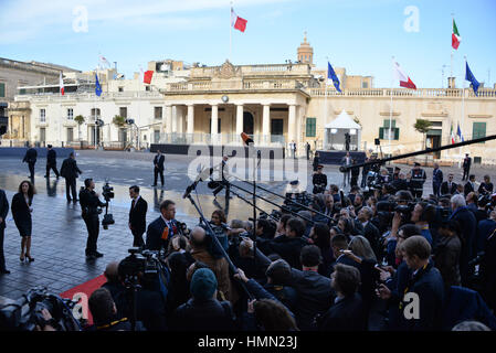 Valletta, Malta. 3rd February, 2017. Summit of the European Council in Valletta, Malta, Friday, Feb. 3, 2017. A continued flow of migrants from the Middle East and Africa is pressuring the European Council to act with some calling for cooperation with the Libyan government to stem the flow of migrants along the central Mediterranean route. Credit: Kendall Gilbert/Alamy Live News Stock Photo