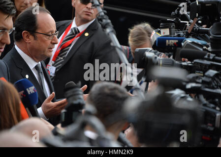 Valletta, Malta. 3rd February, 2017. French President François Hollande arrives at a summit of the European Council in Valletta, Malta, Friday, Feb. 3, 2017. A continued flow of migrants from the Middle East and Africa is pressuring the European Council to act with some calling for cooperation with the Libyan government to stem the flow of migrants along the central Mediterranean route. Credit: Kendall Gilbert/Alamy Live News Stock Photo