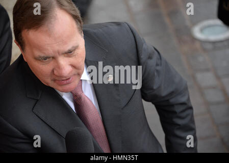 Valletta, Malta. 3rd February, 2017. Swedish Prime Minister Stefan Löfven arrives at a summit of the European Council in Valletta, Malta, Friday, Feb. 3, 2017. A continued flow of migrants from the Middle East and Africa is pressuring the European Council to act with some calling for cooperation with the Libyan government to stem the flow of migrants along the central Mediterranean route. Credit: Kendall Gilbert/Alamy Live News Stock Photo