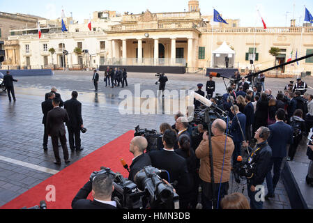 Valletta, Malta. 3rd February, 2017. Summit of the European Council in Valletta, Malta, Friday, Feb. 3, 2017. A continued flow of migrants from the Middle East and Africa is pressuring the European Council to act with some calling for cooperation with the Libyan government to stem the flow of migrants along the central Mediterranean route. Credit: Kendall Gilbert/Alamy Live News Stock Photo