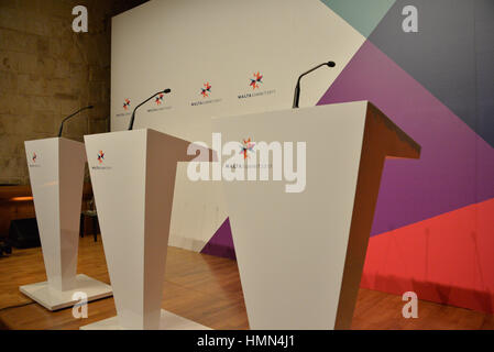 Valletta, Malta. 3rd February, 2017. Press conference at a summit of the European Council in Valletta, Malta, Friday, Feb. 3, 2017. A continued flow of migrants from the Middle East and Africa is pressuring the European Council to act with some calling for cooperation with the Libyan government to stem the flow of migrants along the central Mediterranean route. Credit: Kendall Gilbert/Alamy Live News Stock Photo