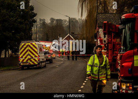 Mill Street, Leominster, UK. 10th Feb, 2017. An articulated lorry crashed at a railway crossing on Mill Street this morning, blocking the line. Causing disruption for Arriva Trains passengers during morning rush hour as trains are cancelled. Leominster is on the Manchester to Swansea Arriva Trains Wales line. There is a replacement bus service running on Arriva Trains Wales between Hereford and Craven Arms. Credit: Jim Wood/Alamy Live News Stock Photo