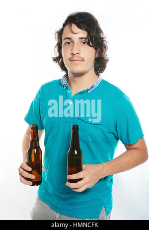 man hold two beer bottles isolated on white Stock Photo