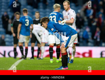 Rangers FC via Press Association Images Rangers' Emerson Hyndman dejected at the end of the match during the Ladbrokes Premiership match at Ibrox Stadium, Glasgow. Stock Photo