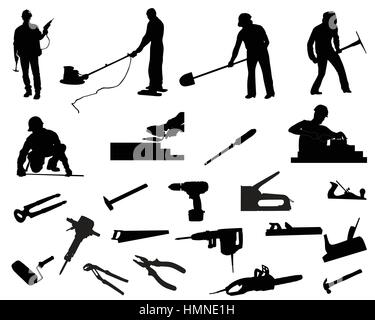 Silhouettes of workers and their tools, different professions Stock Vector