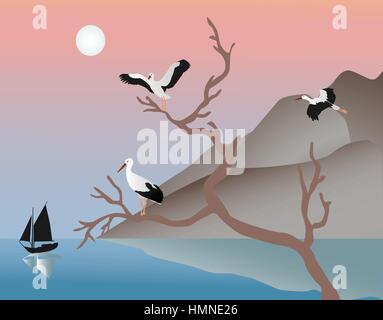 Storks on a tree against the landscape. Color vector illustration. Stock Vector