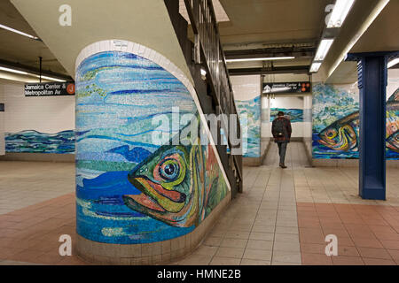 Subway art at the Essex Street Delancey Street Station on the F, J, M & Z lines in Manhattan, New York City. Stock Photo