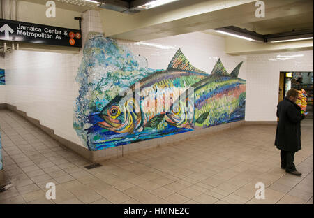 Subway art at the Essex Street - Delancey Street Station hub of the F, J, M & Z lines in Lower Manhattan, New York City. Stock Photo