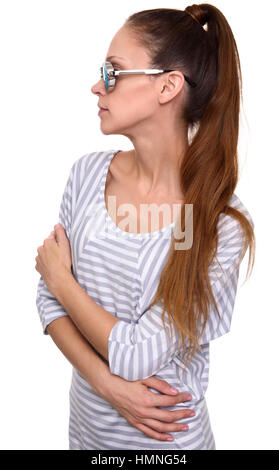 profile portrait of pretty girl wearing modern sunglasses. Isolated Stock Photo