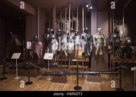 Hussar cavalry plate and scale armours at Sobieski Hall in Polish Army Museum interior in Warsaw, Poland, Europe, 17th century armament Stock Photo