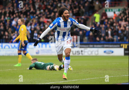 Huddersfield Town's Isaiah Brown celebrates scoring his side's first goal of the game during the Sky Bet Championship match at the John Smith's Stadium, Huddersfield. Stock Photo