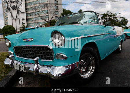 Havana Cuba Car old parking street light plate bumper weels hood chevrolet Stock Photo