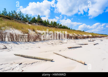 Wooden fence poles on white sand beach in Lubiatowo, Baltic Sea, Poland Stock Photo