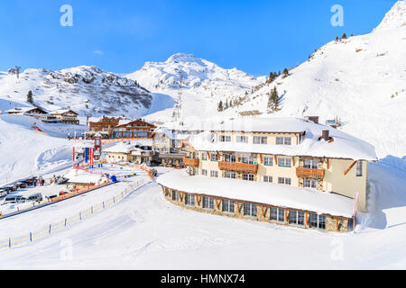 View of mountain hotels and restaurants covered with fresh snow in Obertauern winter resort, Austria Stock Photo