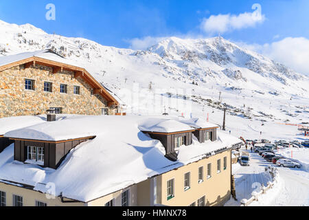 View of mountain hotel covered with fresh snow in Obertauern winter resort, Austria Stock Photo