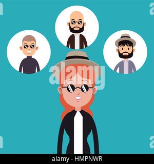 hipster woman hat sunglasses-faces man icons Stock Vector