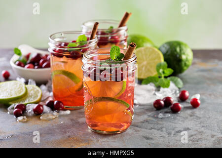 Refreshing winter drink with ice, lime and cranberry in mason jars Stock Photo