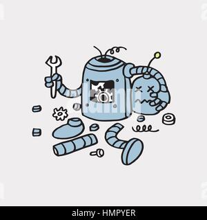 Page Not Found Error 404. Broken Robot Hand Drawn Vector Template Icon Stock Vector