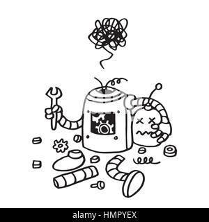 Page Not Found Error 404. Broken Robot Black and White Hand Drawn Vector Template Icon Stock Vector