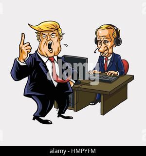 Donald Trump And Vladimir Putin in Front of His Computer. Vector Cartoon Portrait Stock Vector