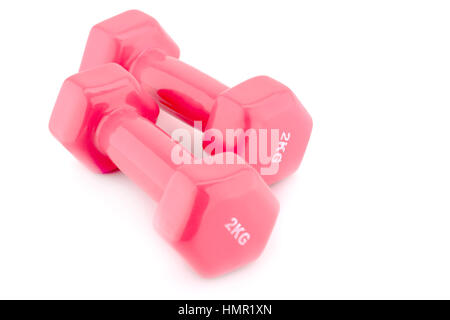 Two plastic coated dumbells isolated on white background. Stock Photo