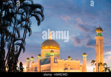 Beautiful view of the golden minarets and dome of Omar Ali Saifuddien Mosque in the early evening with silhouetted palms trees on Jalan McArthur, Bandar Seri Begawan, Darussalam, Brunei. © Time-Snaps Stock Photo