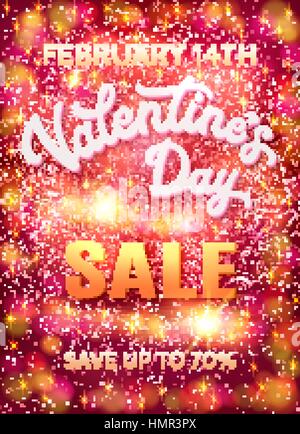 Valentines day sale poster template on abstract background with hearts, sparkles, stars and bokeh circles. Discount banner with 3d white hand lettering words. Font vector illustration. EPS10 Stock Vector