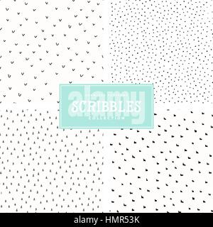 A set of four abstract seamless repeating patterns in black and white. Hand drawn dots, check marks, triangles, scribbles vector texture. Stock Vector