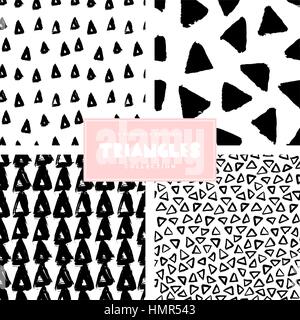 A set of four seamless repeating patterns with triangles shapes in black and white. Hand drawn abstract geometric vector texture. Stock Vector