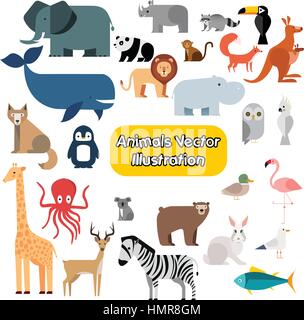 stock cute vector animals illustration icons set isolated on a white background Stock Vector